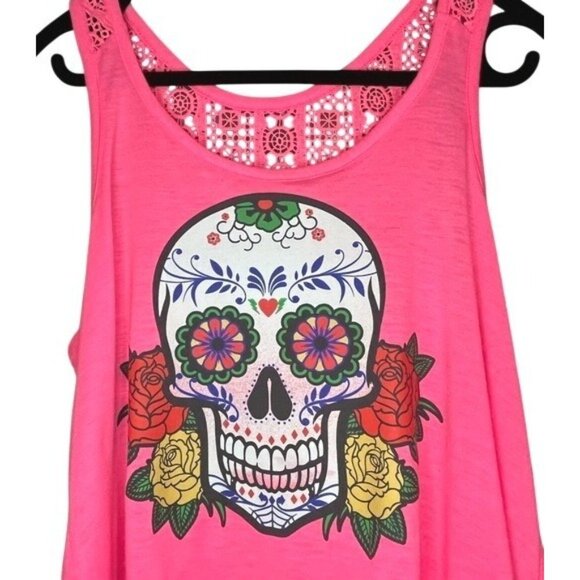 Pink High Low Tank Top Sugar Skull Roses Lace Back Detail Womens Dia De Muertos - Picture 2 of 11